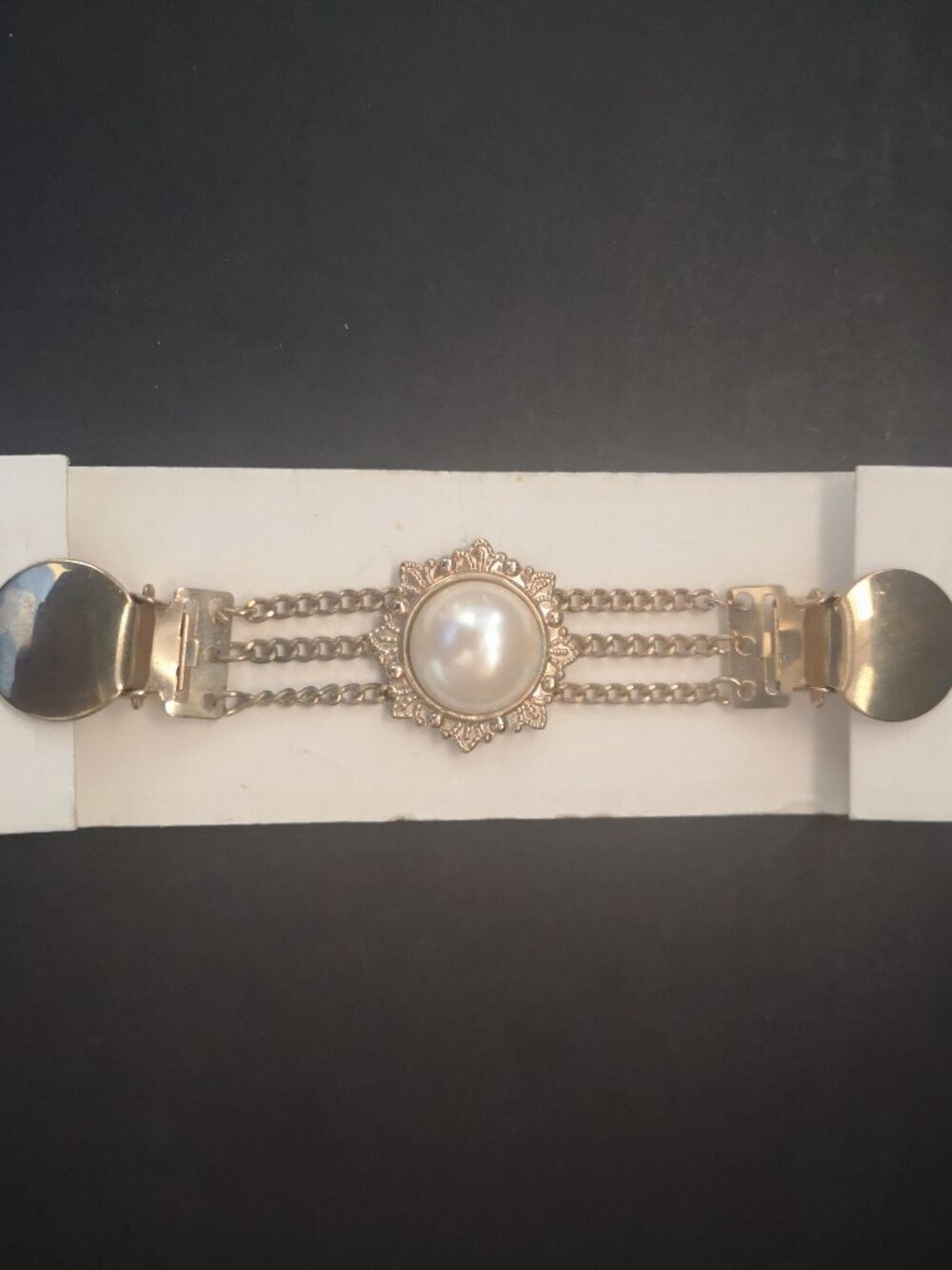 VTG Decorative Sweater or Shawl Clip Gold Tone with Faux Pearl Center 4.5" Long